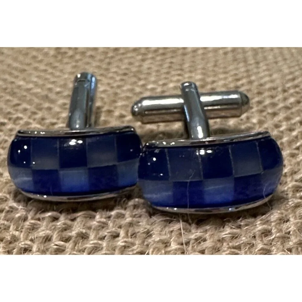 Men’s Silver Tone Blue Checkered Checkerboard Formal Wedding Racing